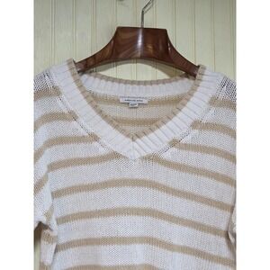 American Eagle Sweater Womens XS White Tan Striped V Neck Cropped Open Knit